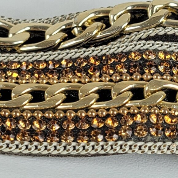 Gold-Tone Multi Chain Charm Leather Cuff Bracelet 7 In Magnetic Clasp - Picture 11 of 13